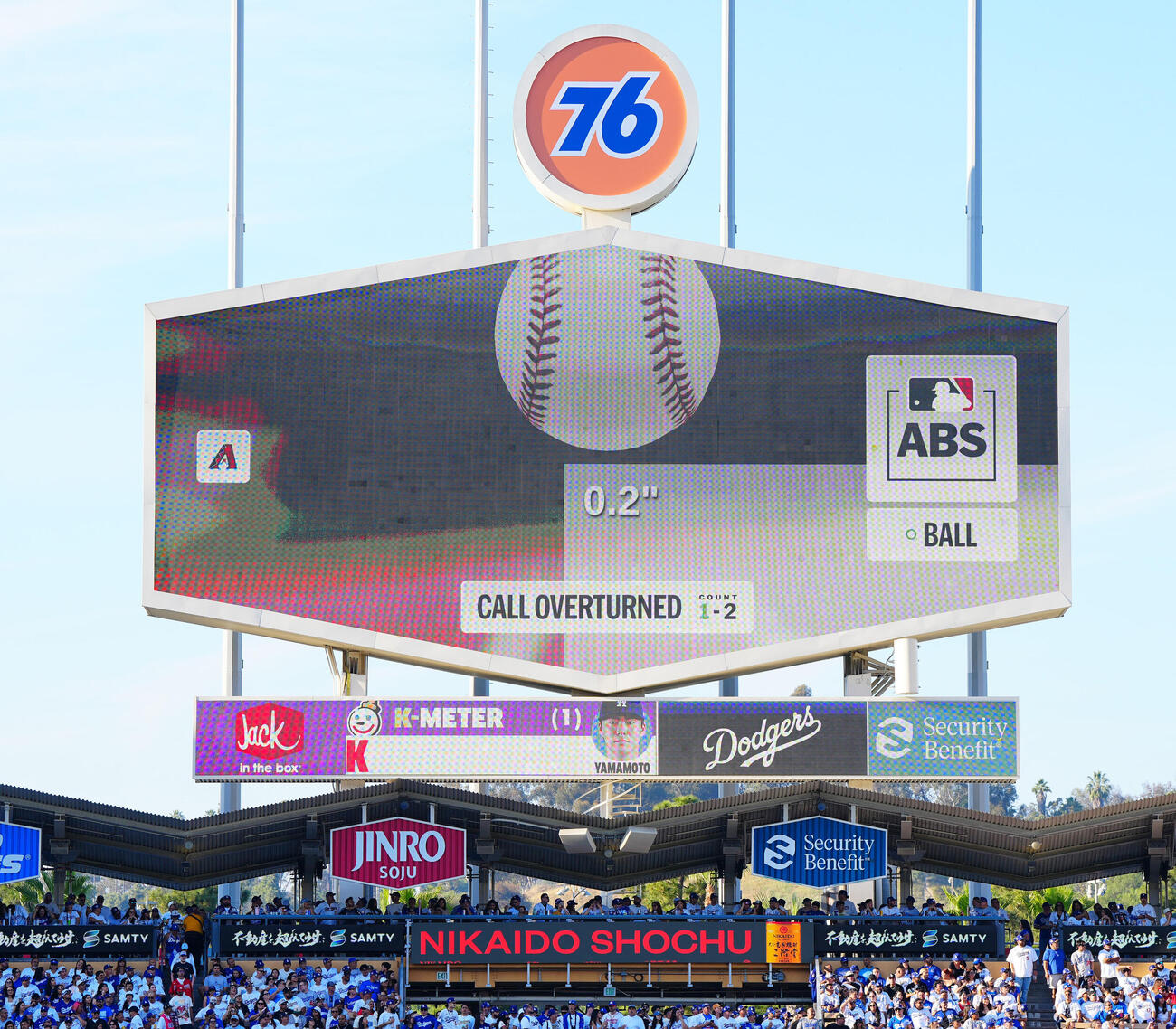 ドジャース対ダイヤモンドバックス　ドジャース山本の投球で行われる「ABSチャレンジシステム」（撮影・垰建太）