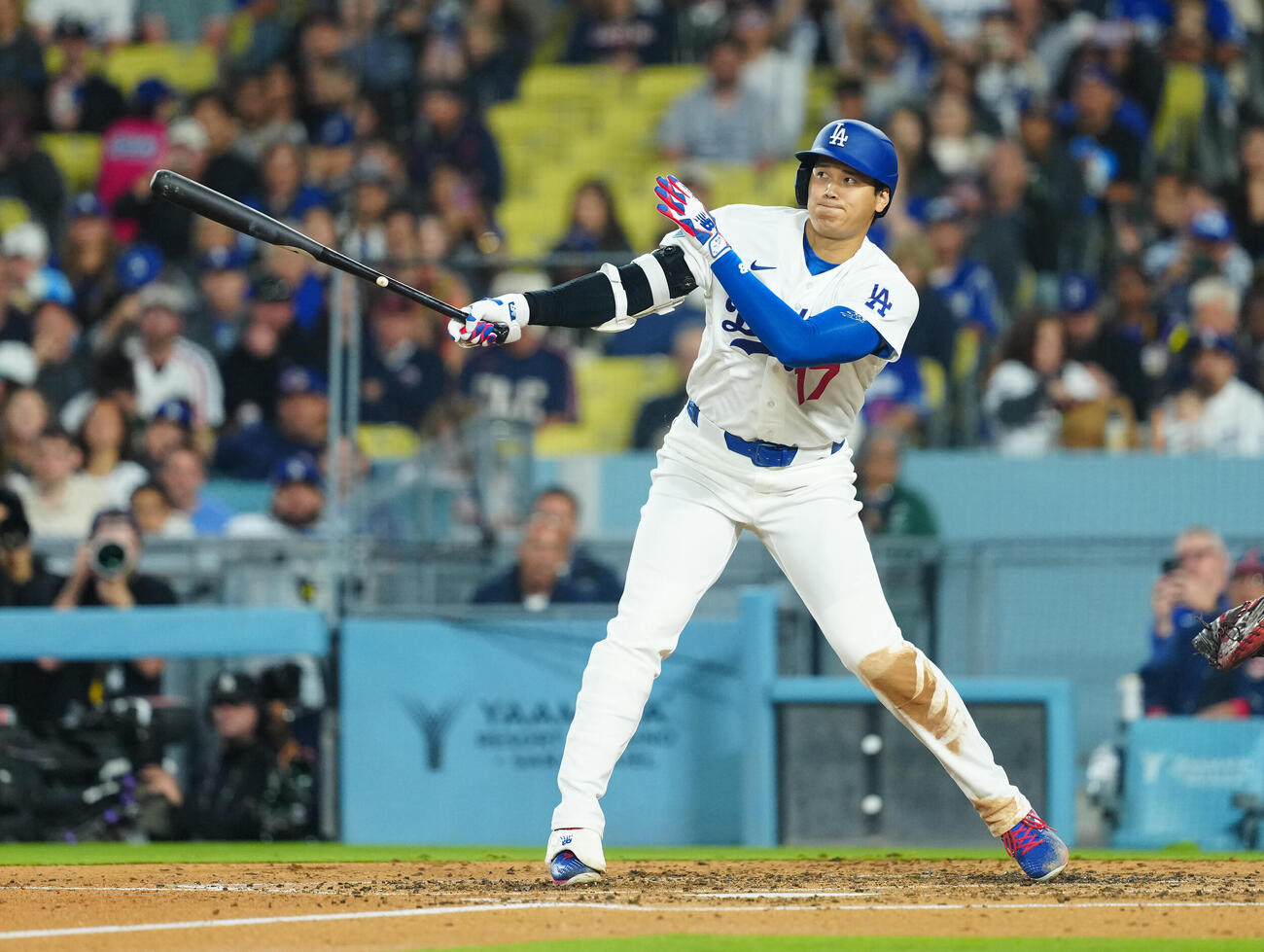 ドジャース対ガーディアンズ　3回裏ドジャース1死一塁、中直に倒れる大谷（撮影・垰建太）