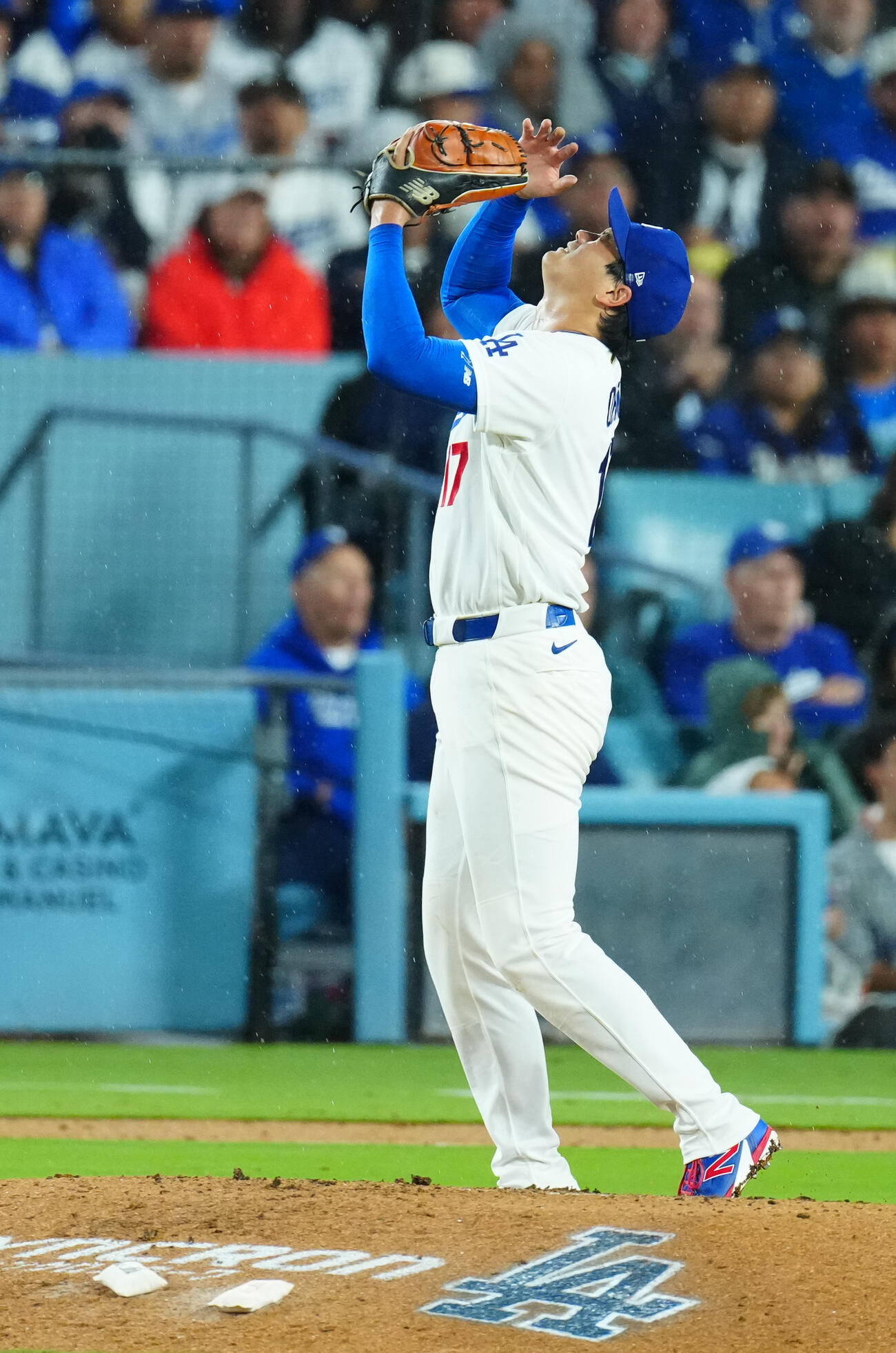 ドジャース対ガーディアンズ　5回表ガーディアンズ2死、マルティネスに死球を当て天をあおぐ大谷（撮影・垰建太）