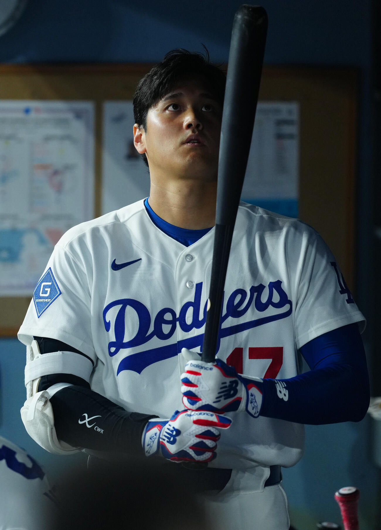 ベンチでバットを見つめるドジャース大谷（2026年3月撮影）