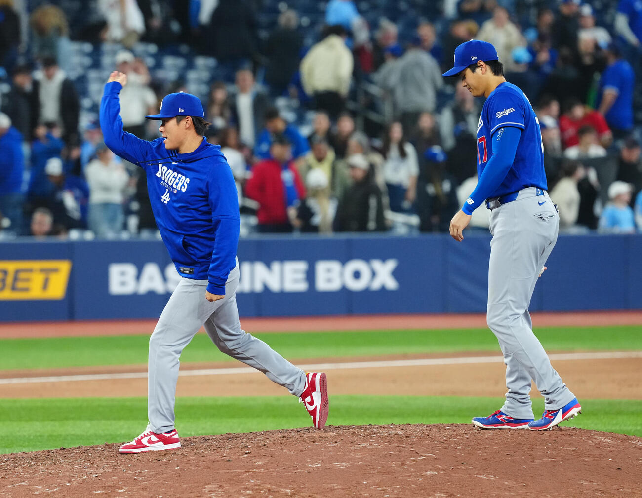 ブルージェイズ対ドジャース　ブルージェイズに勝利しナインとタッチを交わしたあとともにマウンドを確認するドジャース山本（左）と大谷（撮影・垰建太）