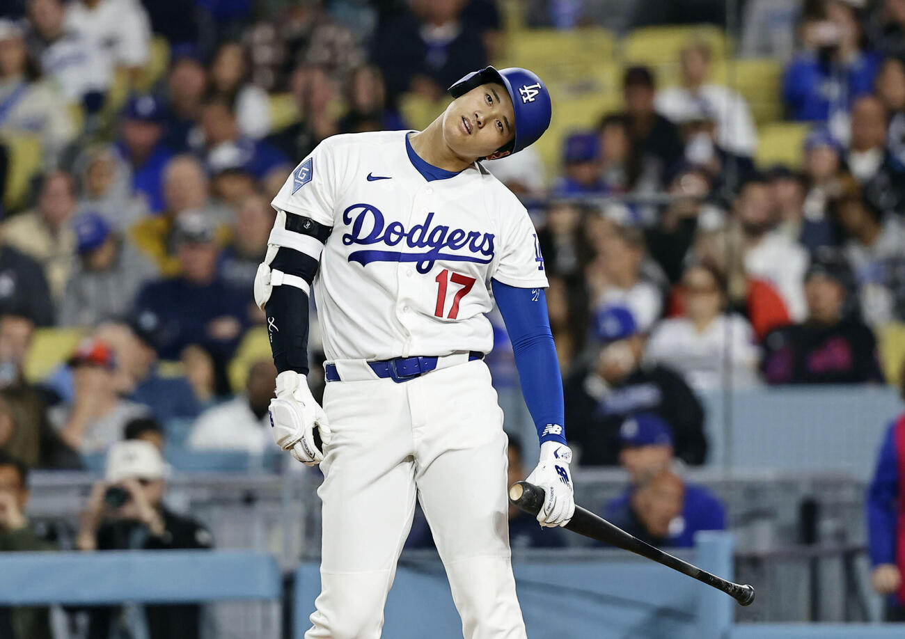 メッツ戦の2回、ファウルを打ったドジャース・大谷＝ロサンゼルス（共同）