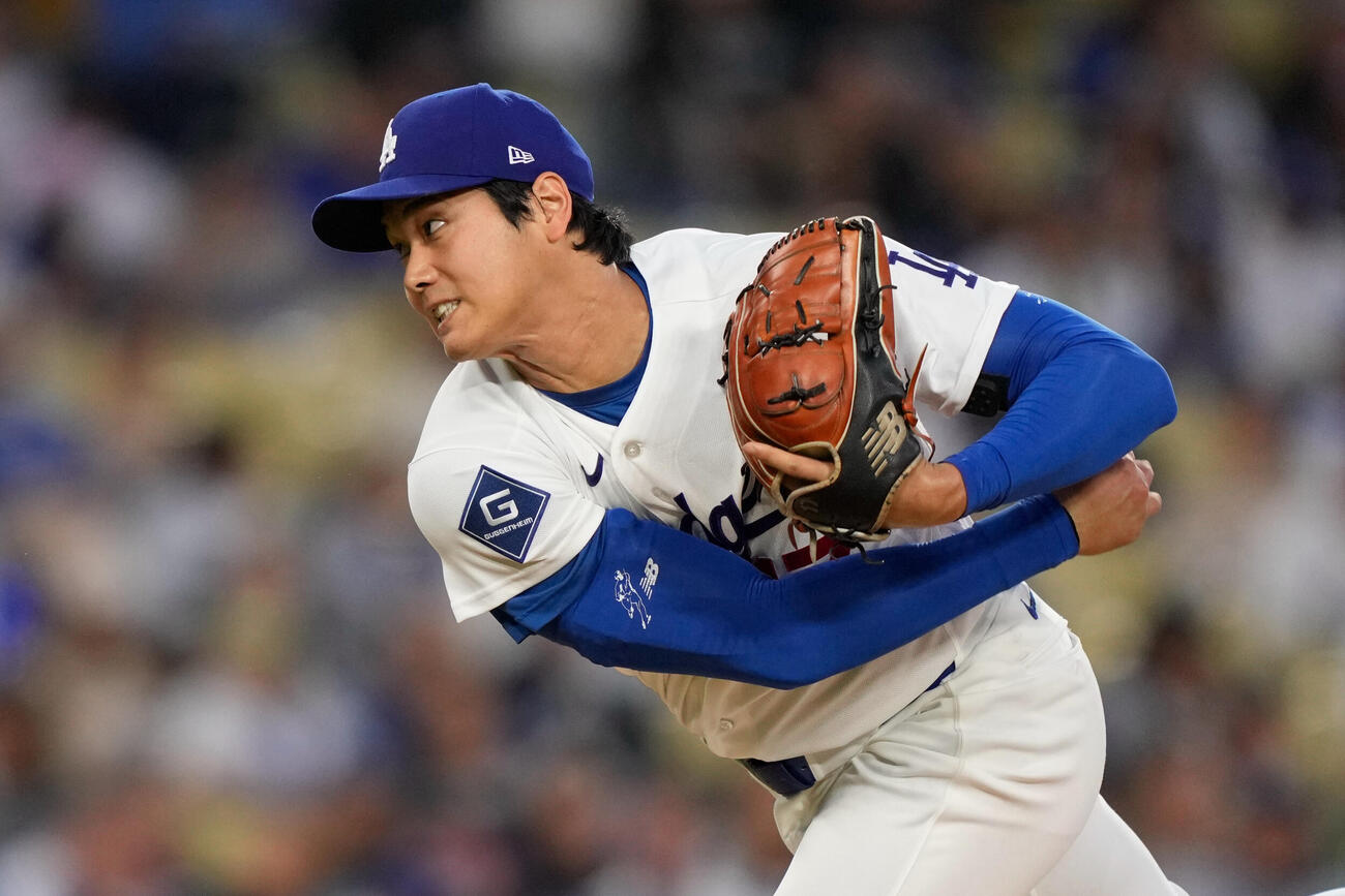 4月28日マーリンズ戦に先発し6回2失点のドジャース大谷翔平 (AP)