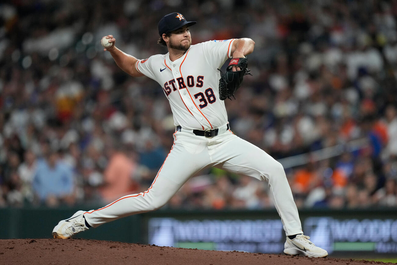 ドジャース戦で力投するアストロズのランバート(AP)