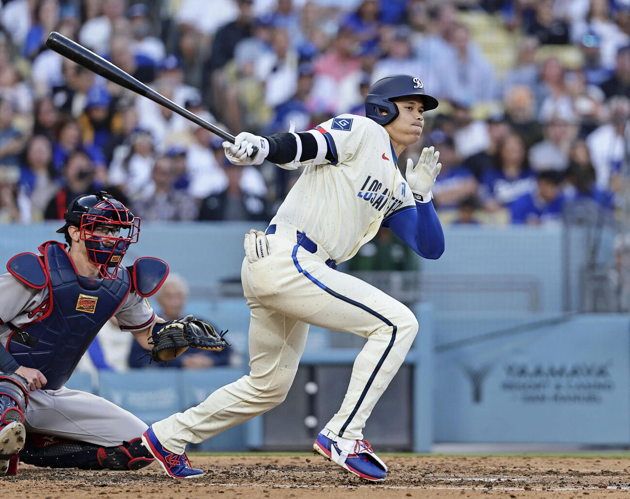 ブレーブス戦の3回、一ゴロに倒れたドジャース・大谷＝ロサンゼルス（共同）