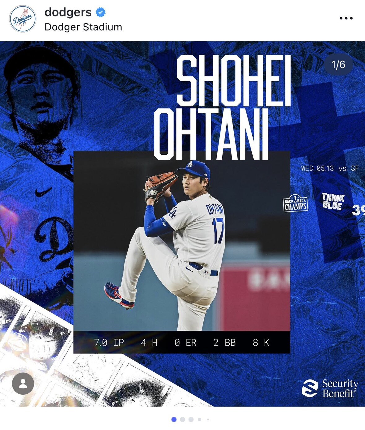 大谷の好投を伝えるドジャース公式インスタグラムの画像