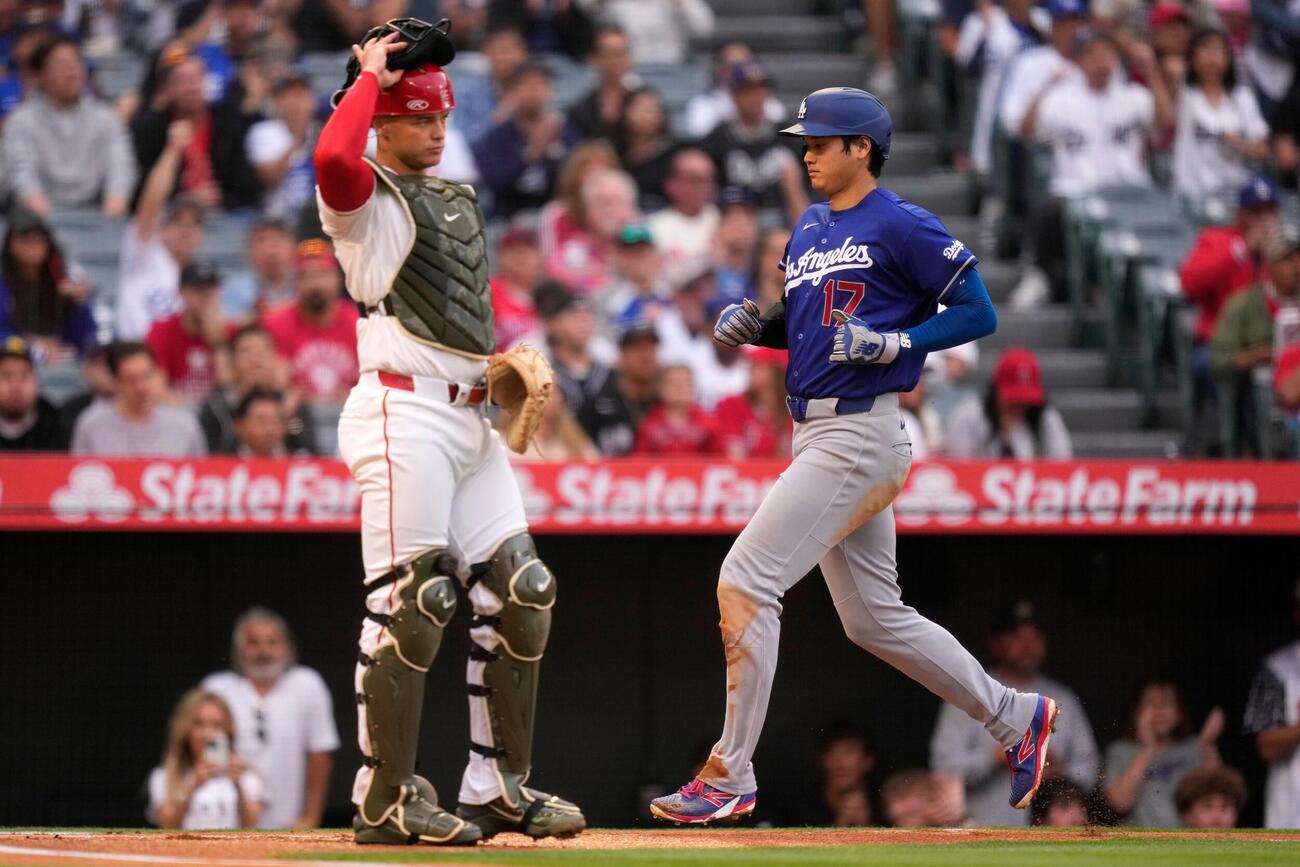 エンゼルス戦1回、ドジャース大谷翔平はスミスの犠飛で先制のホームイン（AP)