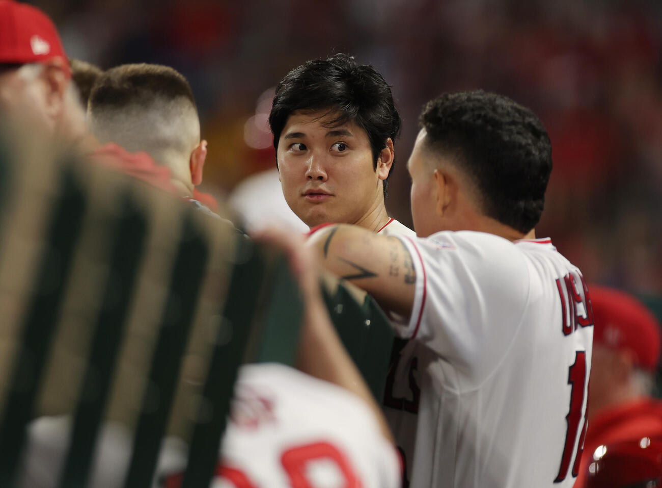 23年6月　ウルシェラ（右）とベンチで言葉を交わすエンゼルス大谷