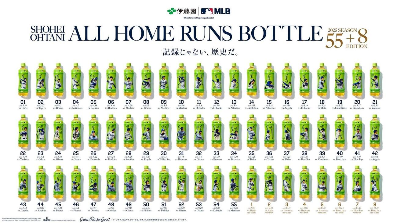 25年に大谷翔平が打った全63本の本塁打が描かれた「お～いお茶」を集めた屋外広告。渋谷のハチ公前に展示される
