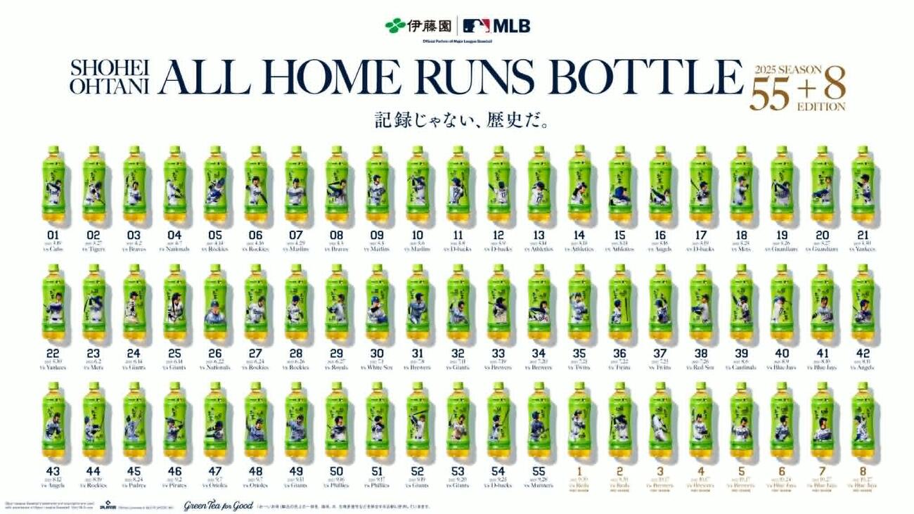 伊藤園が販売する「お～いお茶」大谷翔平ホームランボトルのイラスト。田村大さんが手掛けた
