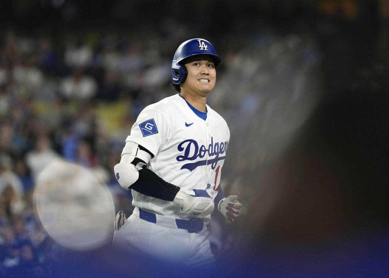 エンゼルス戦の6回、左飛に倒れたドジャース・大谷＝ロサンゼルス（共同）