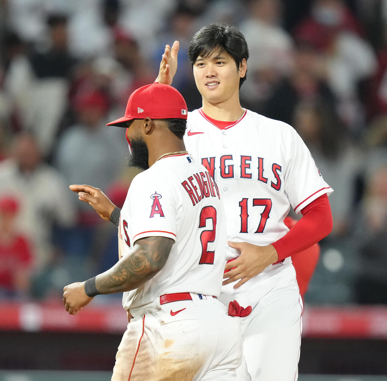 2023年4月、ルイス・レンヒーフォの頭頂部にチョップ一発を入れる大谷翔平