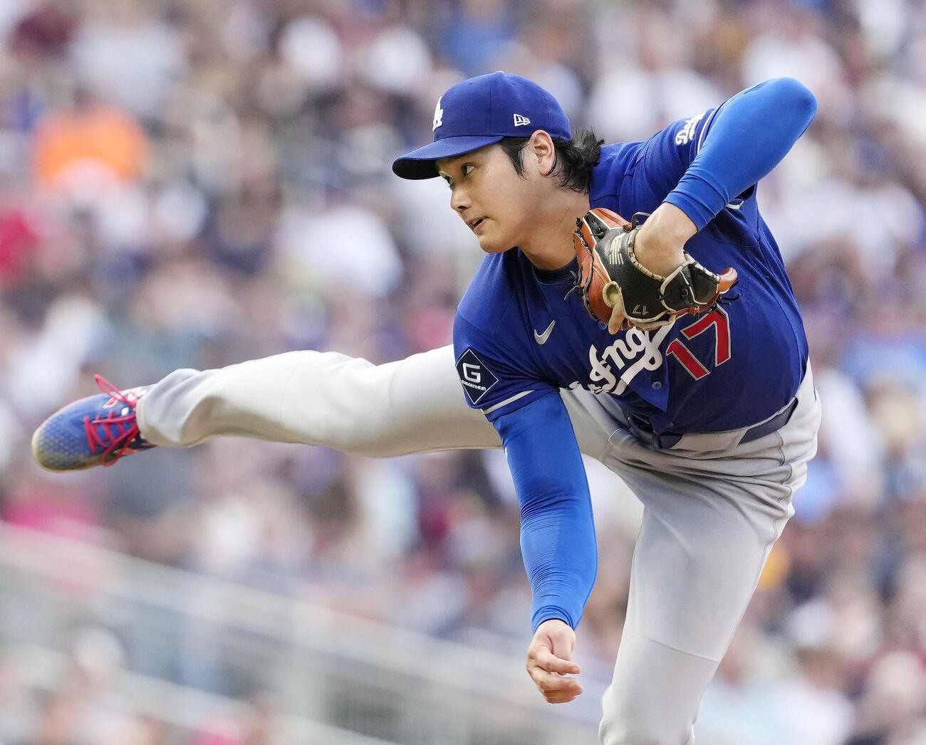 ツインズ戦に先発登板し、6回3失点で8勝目を挙げたドジャース・大谷＝ミネアポリス（共同）