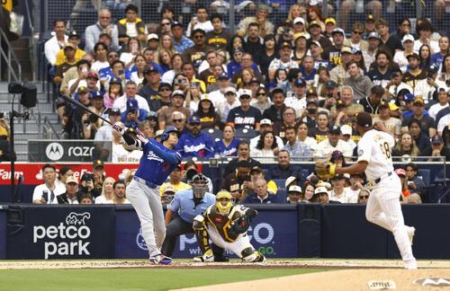 パドレス戦の3回、三飛に倒れるドジャース大谷(共同)