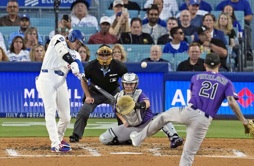 ロッキーズ戦の3回、19号2ランを放つドジャース大谷(共同)