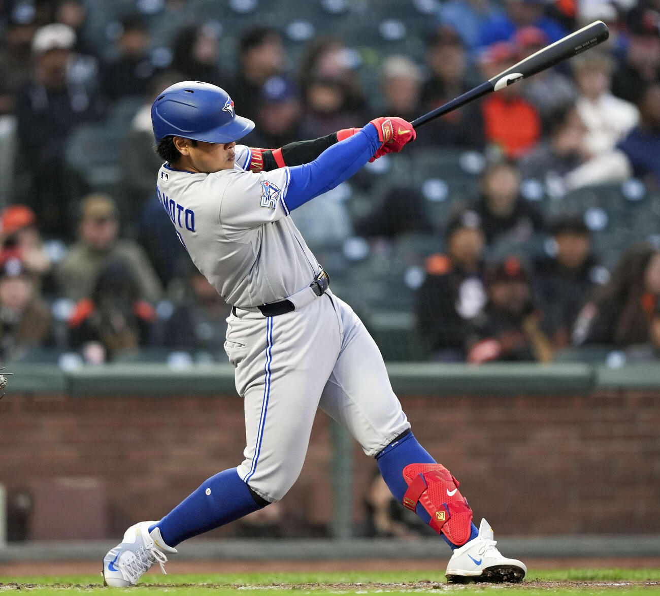 ジャイアンツ戦の6回、20号ソロを放つブルージェイズ・岡本＝サンフランシスコ（MLB提供・ゲッティ＝共同）