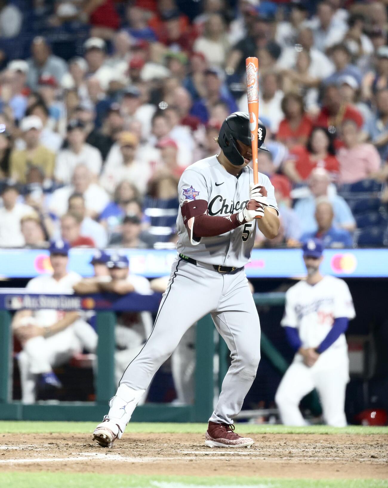 MLBオールスターゲーム　ナ・リーグ対ア・リーグ　9回表ア・リーグ無死、空振り三振に倒れる村上宗隆（撮影・河田真司）