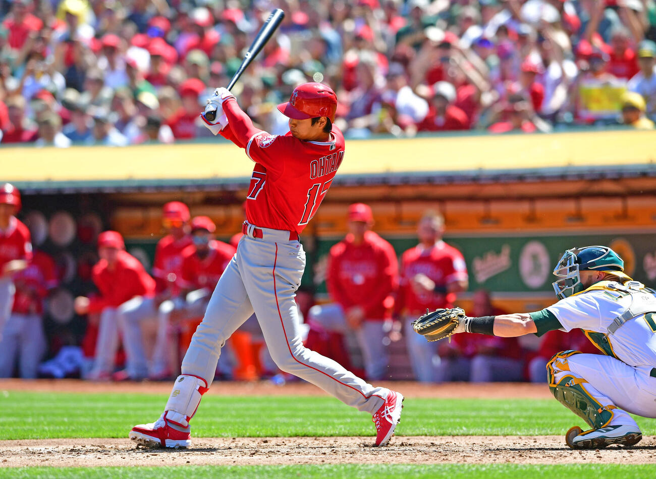 2018年3月、メジャー初安打を放つ大谷