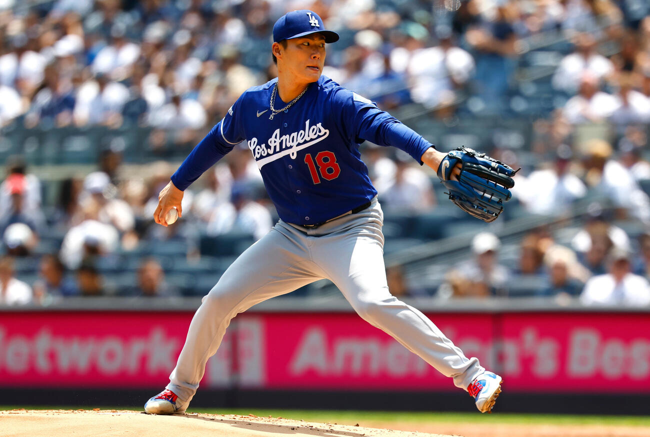 ヤンキース対ドジャース　完投したドジャース山本由伸（AP）
