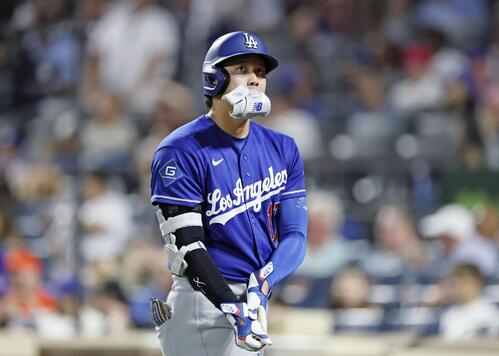 メッツ戦の9回、左飛に倒れたドジャース・大谷=ニューヨーク(共同)