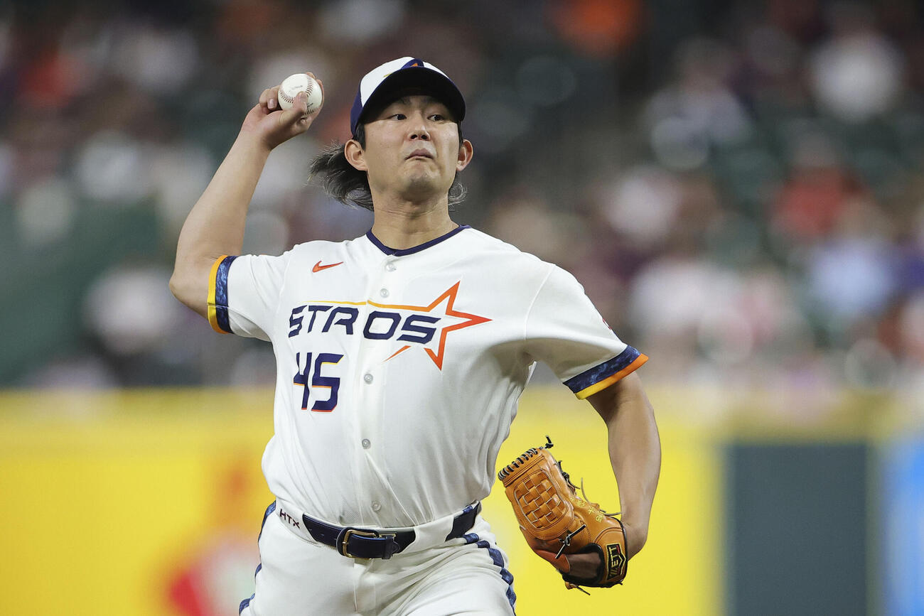 ブルージェイズ戦の7回から登板し、3回を無安打無失点と好投したアストロズ今井（ゲッティ＝共同）