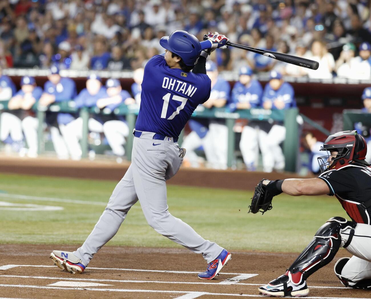 ダイヤモンドバックス戦の1回、一ゴロに倒れたドジャース大谷翔平（共同）