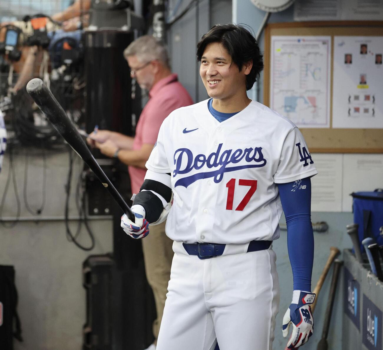 ロイヤルズ戦で打席の準備をするドジャース・大谷＝ロサンゼルス（共同）