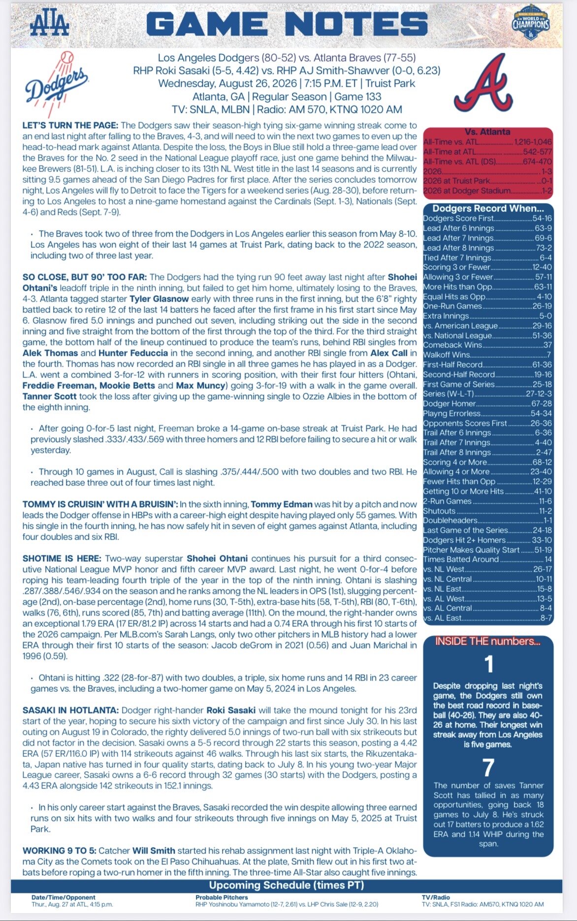 ドジャースのGAME NOTES