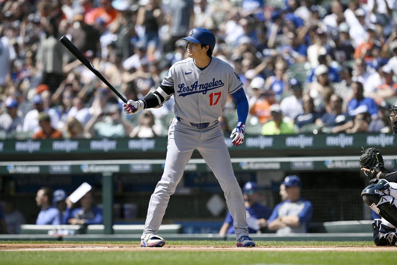 タイガース戦の1回、打席に立つドジャース・大谷＝デトロイト（共同）