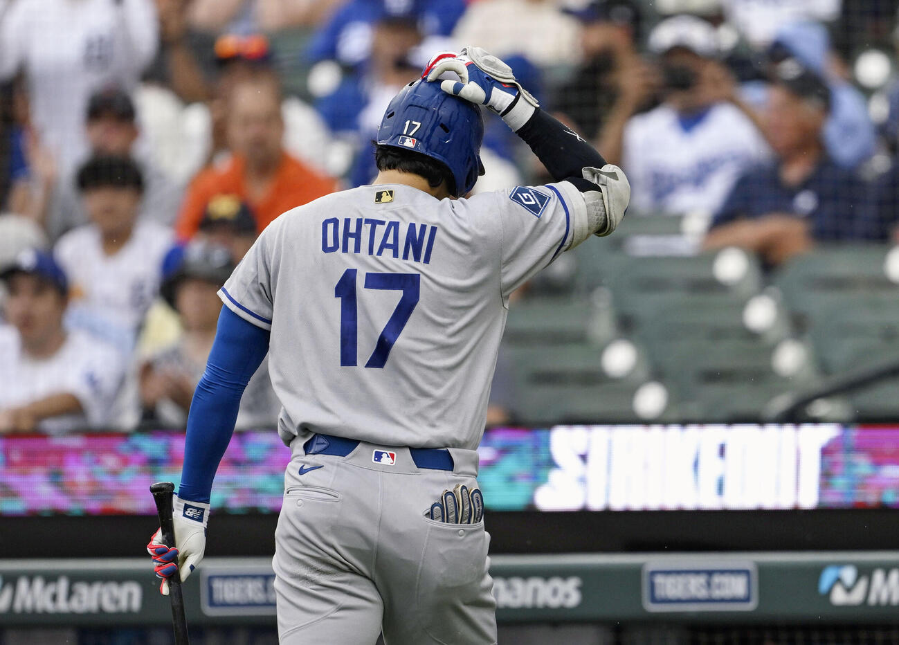 タイガース戦の9回、見逃し三振に倒れたドジャース・大谷＝デトロイト（共同）