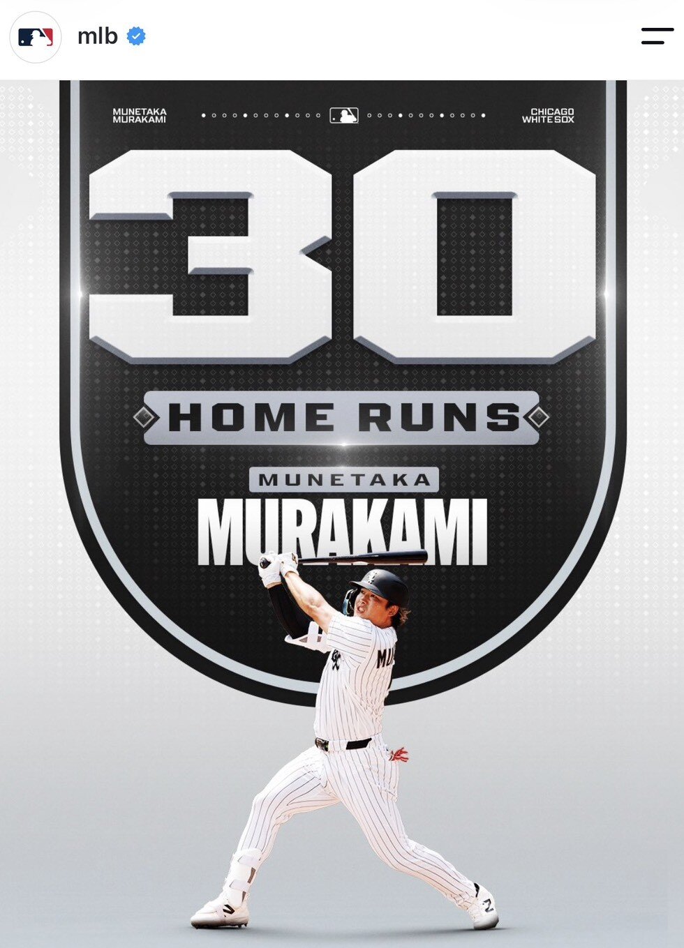 村上宗隆の30号本塁打を祝福するMLB公式インスタグラムの写真