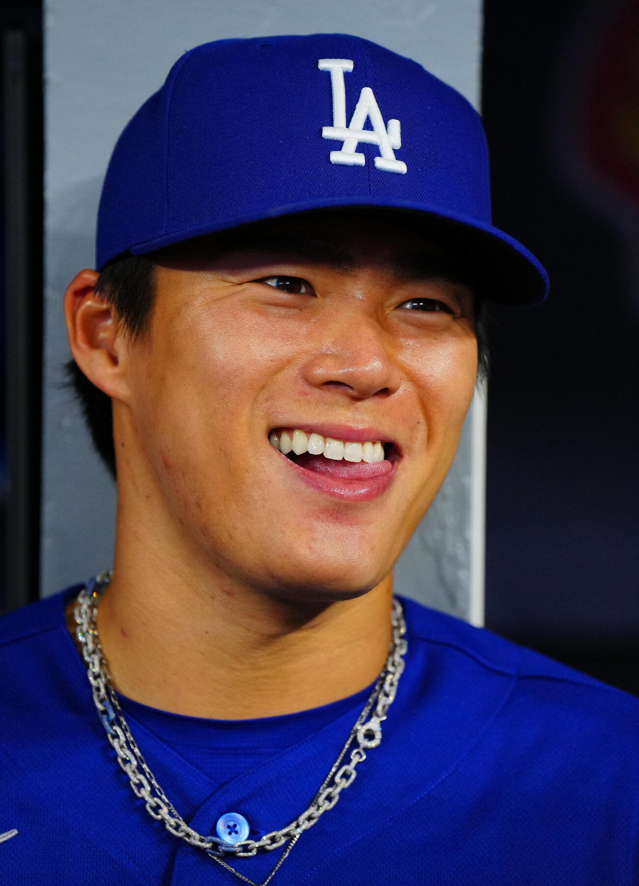 試合前練習を終え笑顔を見せる山本由伸＝2026年4月6日（現地時間）