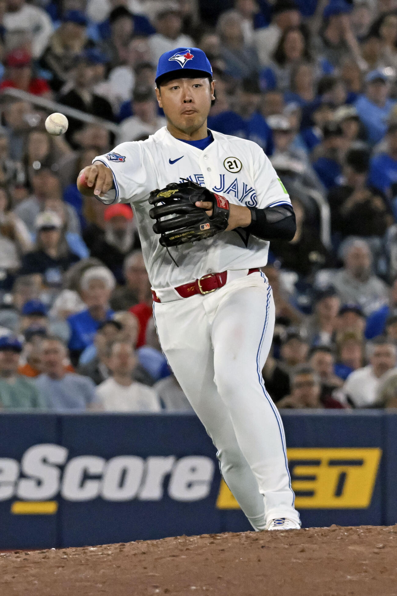 タイガース戦の6回、打球を処理するブルージェイズの三塁手岡本（カナダ通信・AP＝共同）