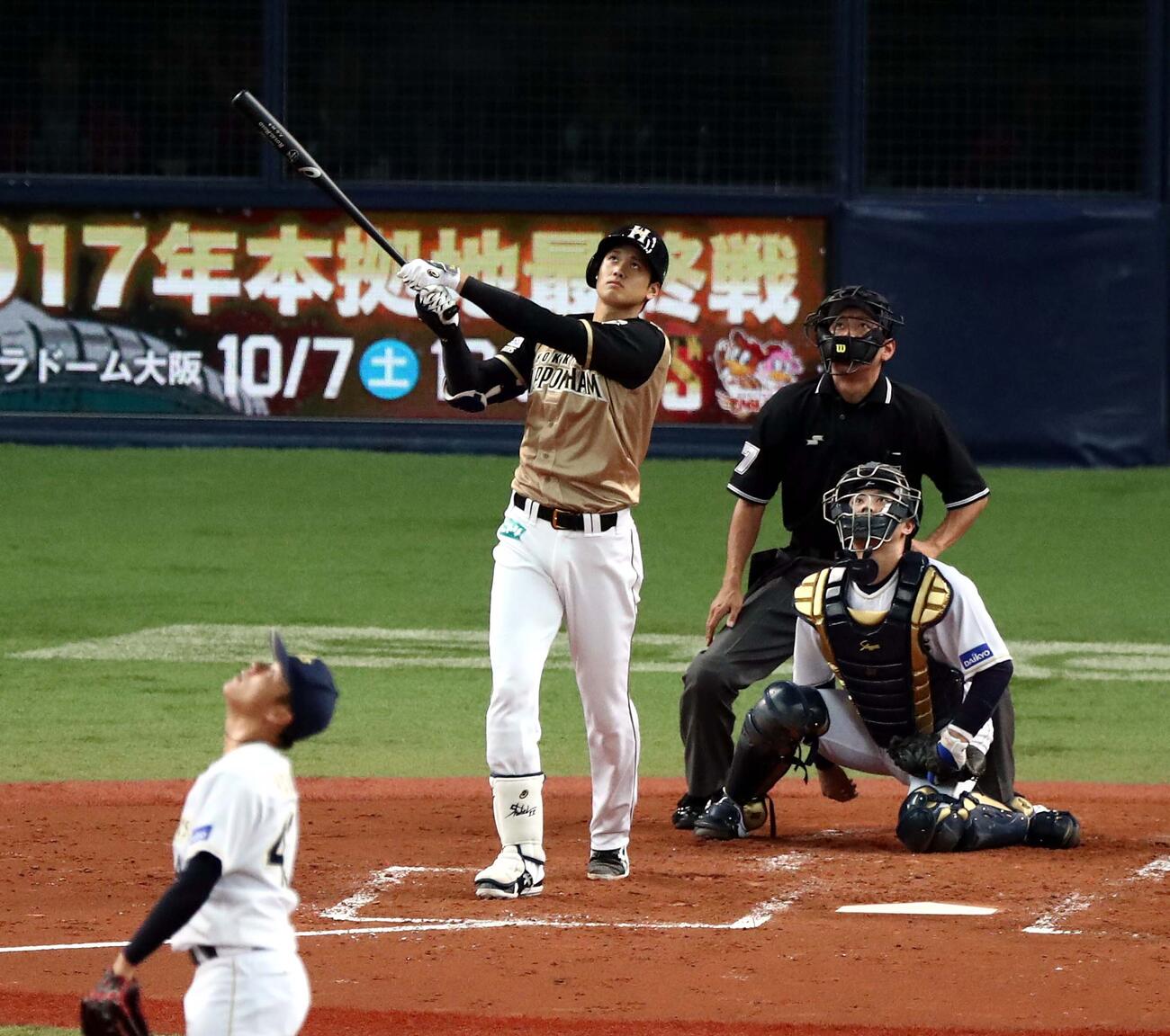 オリックス戦で山本から犠飛を放つ日本ハム大谷（2017年9月撮影）