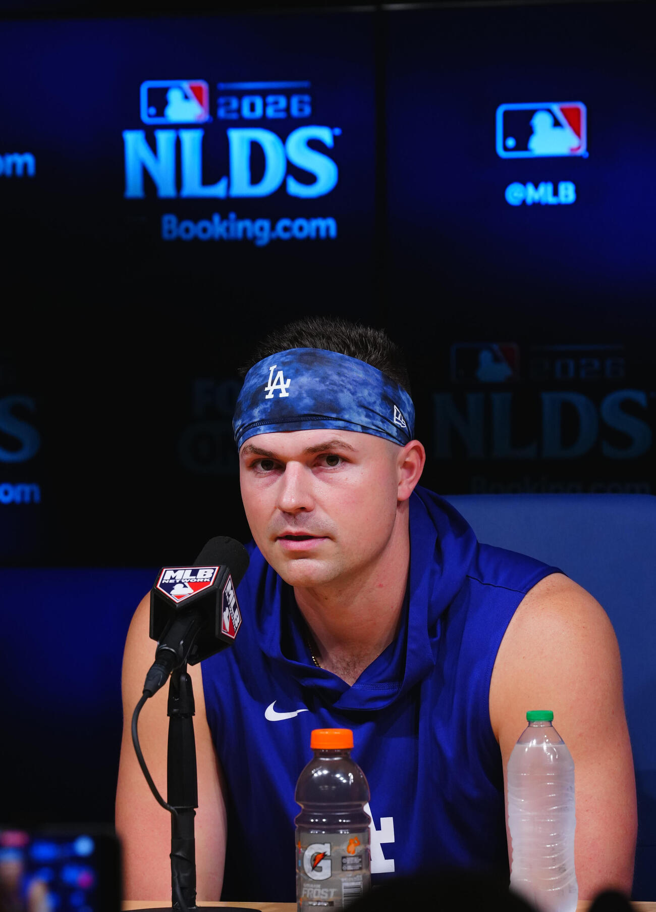 前日会見に臨むドジャースのタリク・スクバル（撮影・垰建太）