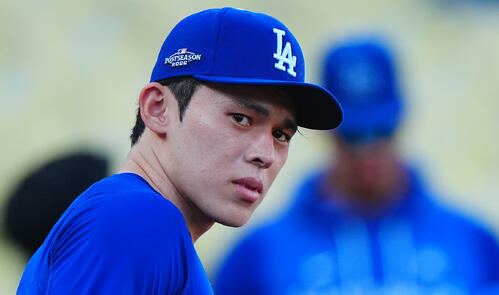 前日練習を行うドジャーの佐々木朗希(撮影・垰健太)