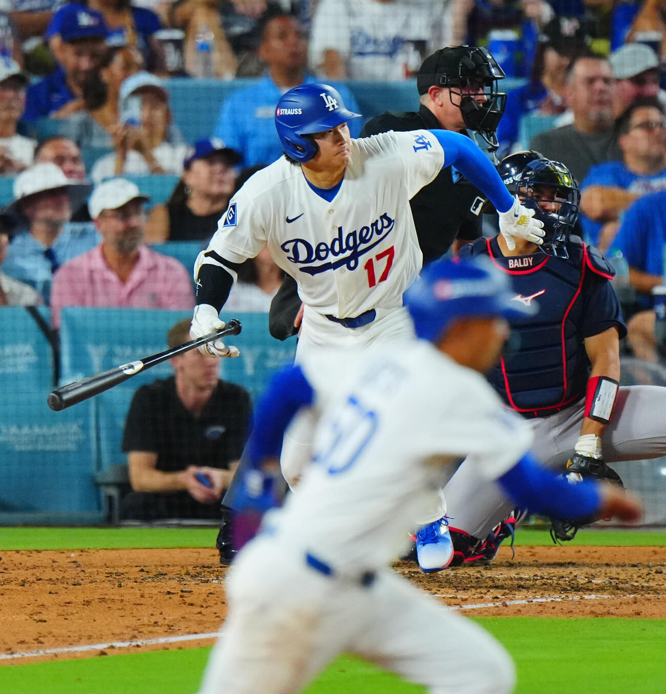 ドジャース対ブレーブス　5回裏ドジャース無死一塁、左前打を放つ大谷翔平（撮影・垰建太）