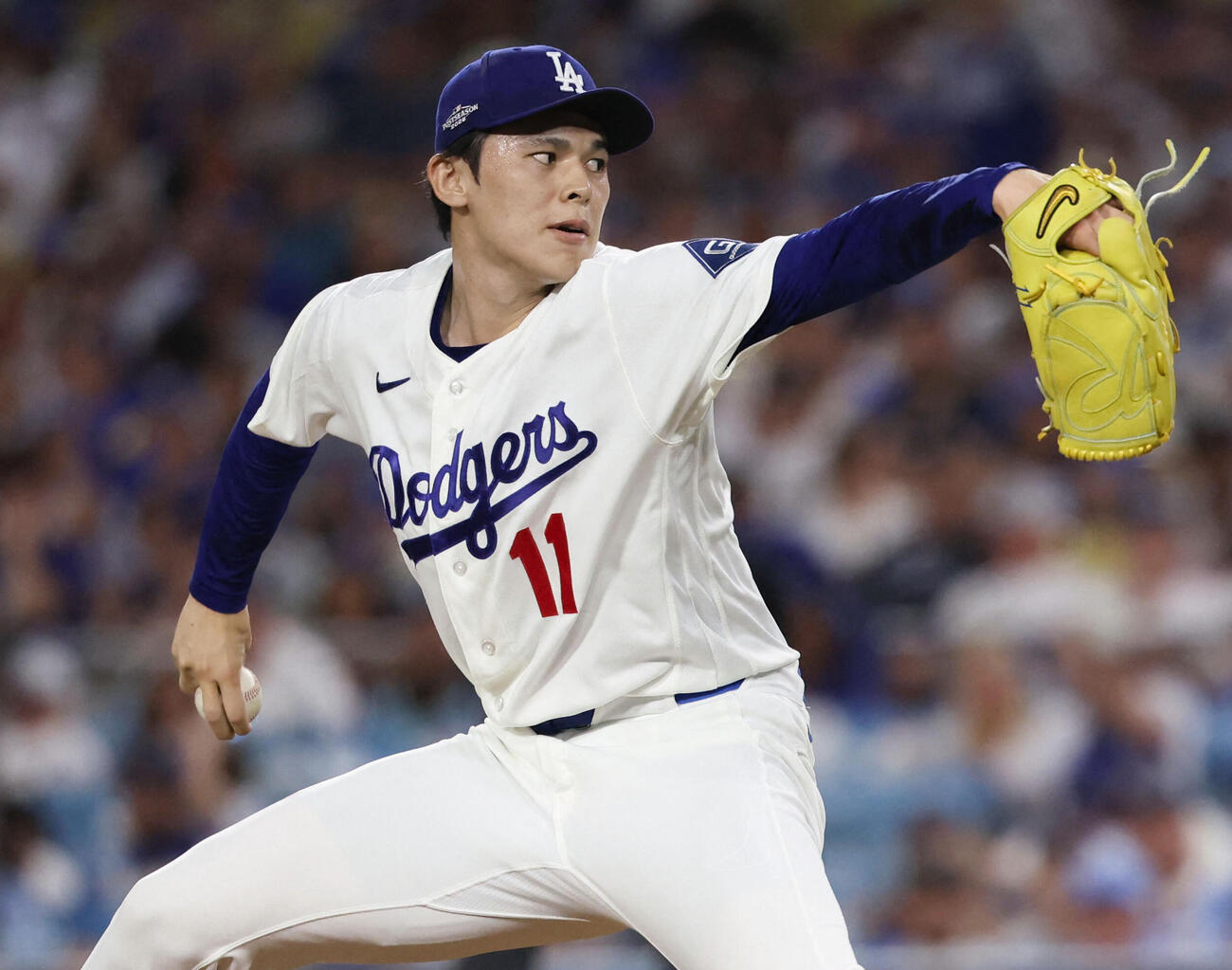 ブレーブス戦の8回から登板し、2回を無安打無失点だったドジャース・佐々木朗＝ロサンゼルス（ロイター＝共同）