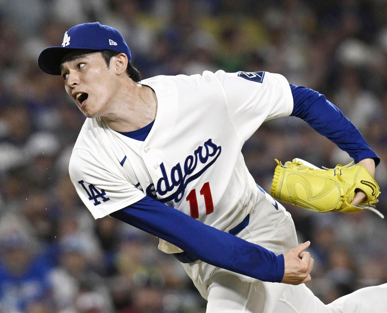 ブレーブス戦の8回から登板し、2回を無安打無失点だったドジャース・佐々木朗＝ロサンゼルス（共同）