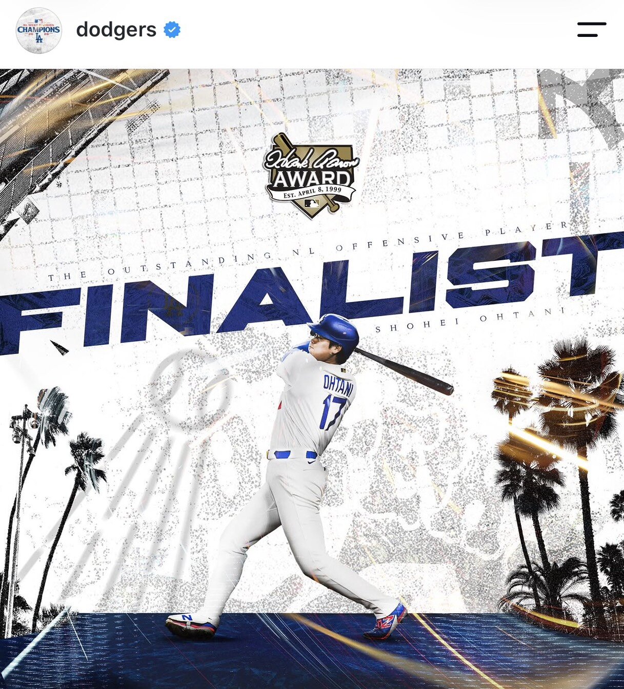 ドジャース公式インスタグラムが掲載した大谷翔平投手のハンク・アーロン賞ノミネートを祝福する画像