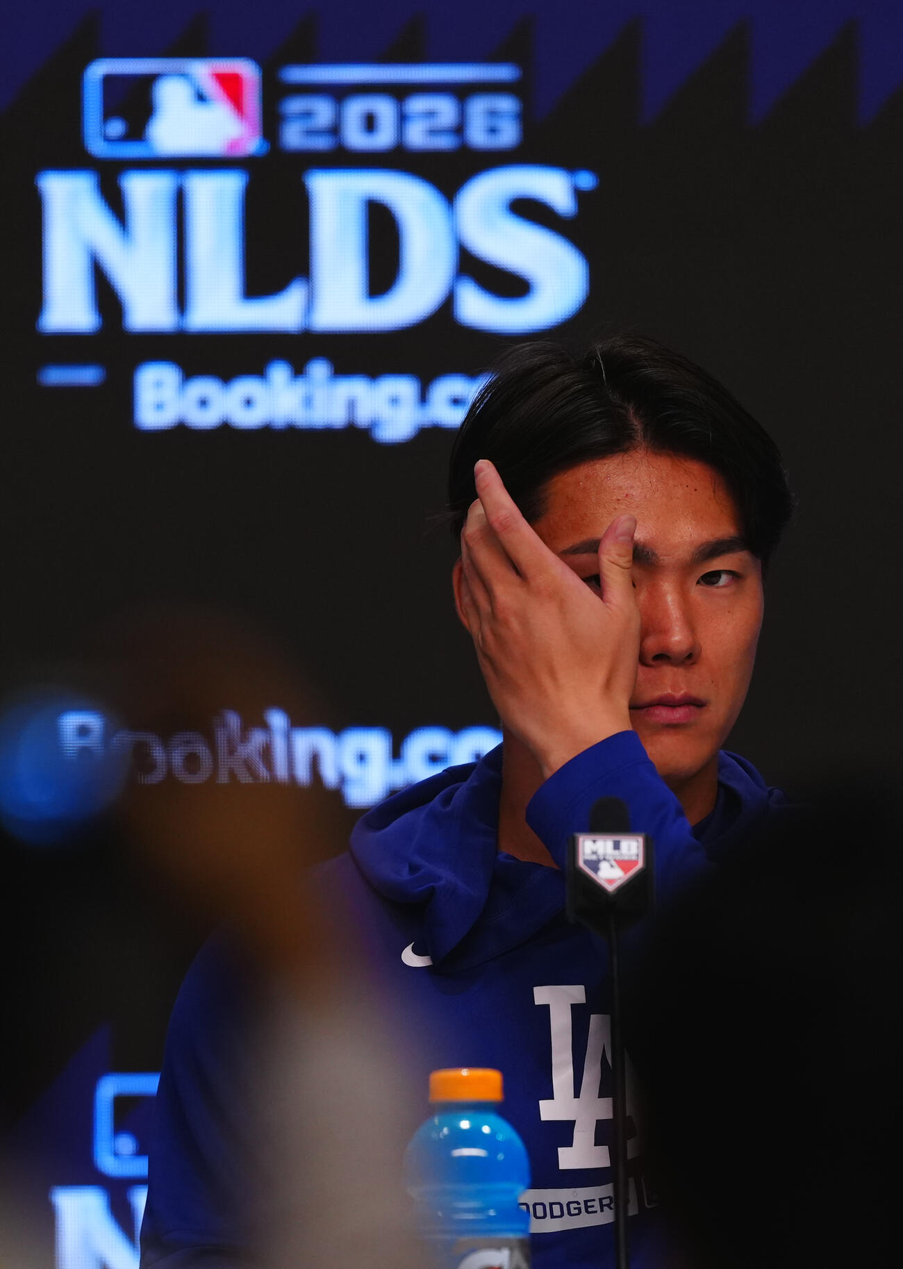 ビジターでのブレーブス戦に向けて前日会見を行うドジャースの山本由伸（撮影・垰建太）