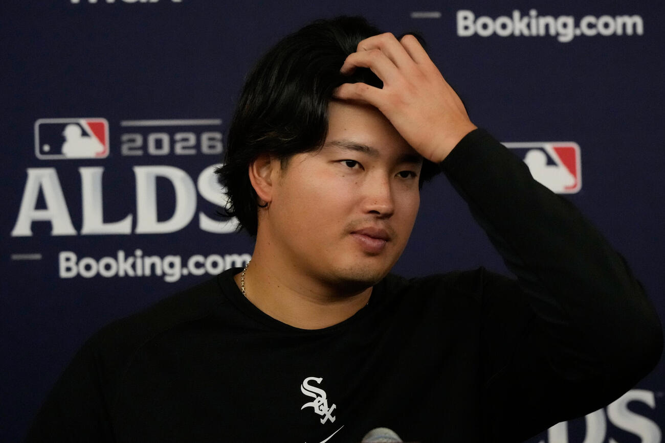 公式会見で第3戦への決意を語ったホワイトソックス村上宗隆（AP）