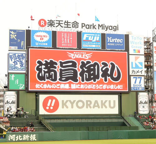 楽天対日本ハム バックスクリーンに映し出される満員御礼の文字(撮影・横山健太)