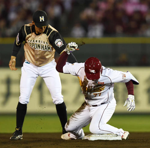楽天対日本ハム 8回裏楽天無死、右翼線に二塁打を放ちガッツポーズをする嶋(撮影・横山健太)