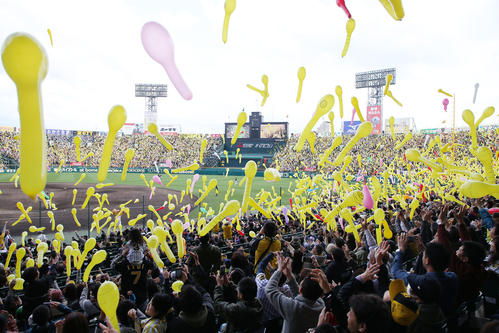 阪神対ヤクルト　７回、ジェット風船を飛ばして声援を送る阪神ファン（撮影・加藤哉）