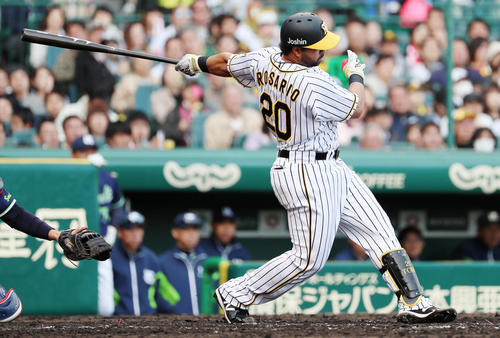 阪神対ヤクルト　７回裏阪神２死二塁、ロサリオは左前適時打を放つ（撮影・加藤哉）