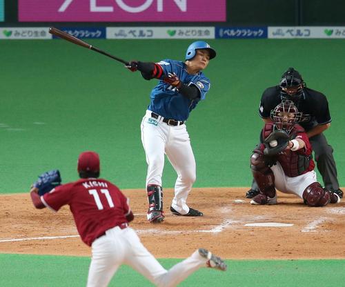 日本ハム対楽天　５回裏日本ハム無死、清宮は三振に倒れる。投手岸（撮影・佐藤翔太）