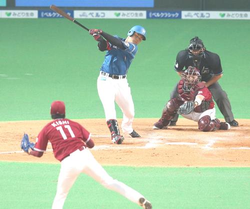 日本ハム対楽天　７回裏日本ハム２死三塁、清宮は三振に倒れる。投手は楽天岸（撮影・佐藤翔太）