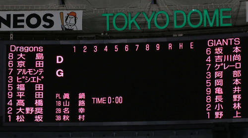 巨人対中日　母の日にちなみピンク色で表示される東京ドームのビジョン（撮影・江口和貴）