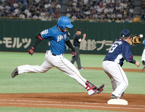 日本ハム対西武　２回裏日本ハム１死一、二塁、二ゴロに終わる清宮（撮影・黒川智章）